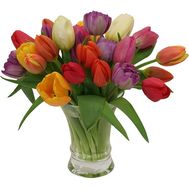 Букет із 29 різнокольорових тюльпанів