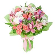 Букет із кущових троянд, орхідей і хризантем