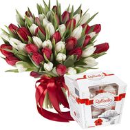 Коробка 51 червоного та білого тюльпана