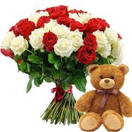 51 червона і біла троянда і ведмедик