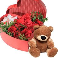 Троянди з Raffaello в коробці з ведмедиком