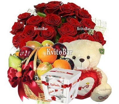 25 троянд, ведмедик, цукерки, фрукти