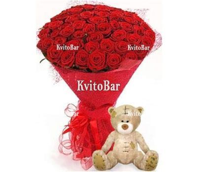51 red roses and teddy bear