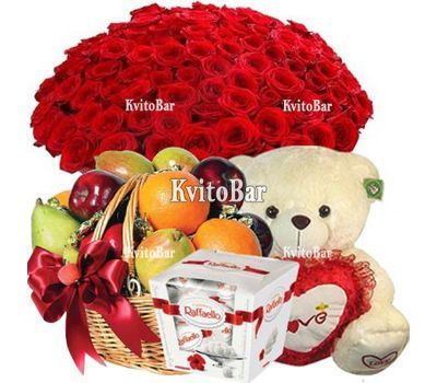 51 троянда, ведмедик, фрукти, цукерки
