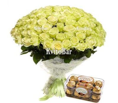 101 біла троянда і цукерки Ferrero Rocher