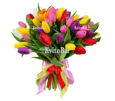 Букет из 55 разноцветных тюльпанов