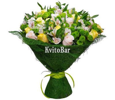 Букет із троянд, альстромерій і хризантем