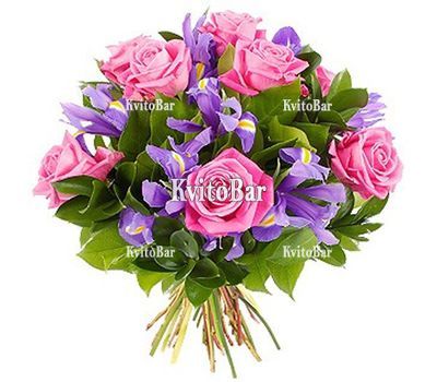 Букет із рожевих троянд і ірисів