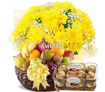 Bouquet of chrysanthemums, fruit, Ferrero