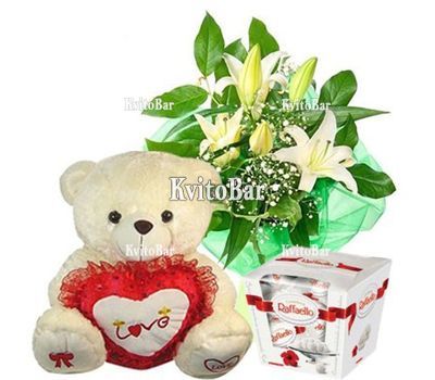 Букет лілій, ведмедик, цукерки