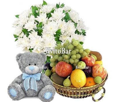 Букет, ведмедик, фрукти