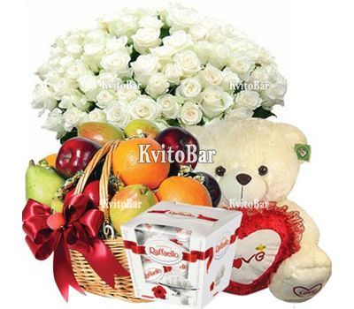 Букет, плюшевий ведмедик, фрукти, Raffaello