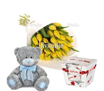 Букет тюльпанів, ведмедик, цукерки