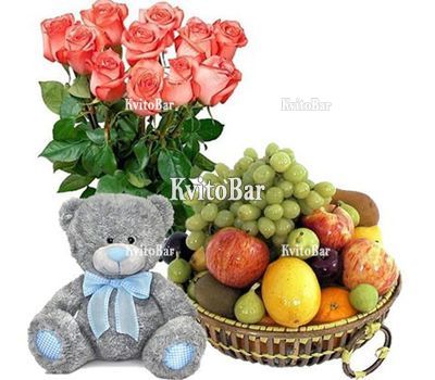 Букет троянд, плюшевий ведмедик, фрукти