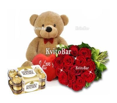 Букет троянд з ведмедиком і цукерками