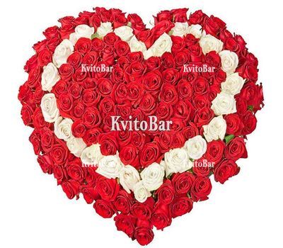 Серце із 101 червоної та білої троянди