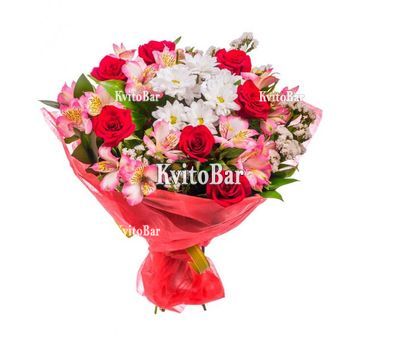 Букет із хризантем, альстромерій і троянд