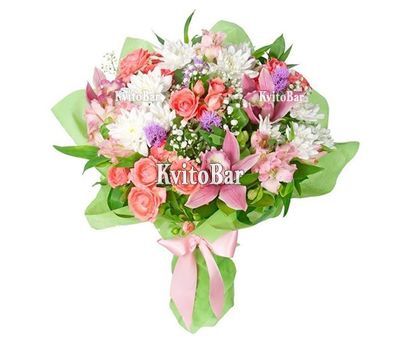 Букет із кущових троянд, орхідей і хризантем