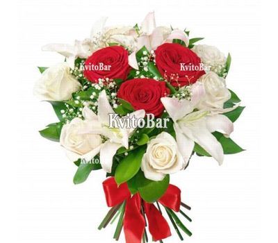 Букет із лілій і червоних і білих троянд