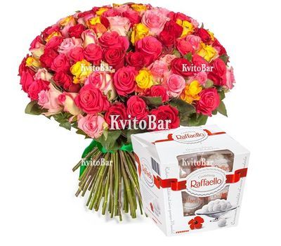 Великий букет із 101 різнокольорової троянди