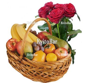 Кошик фруктів і 5 троянд