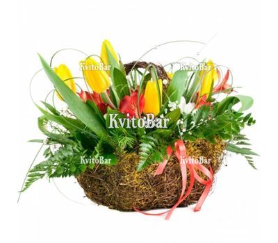 Кошик з тюльпанами і альстромеріями