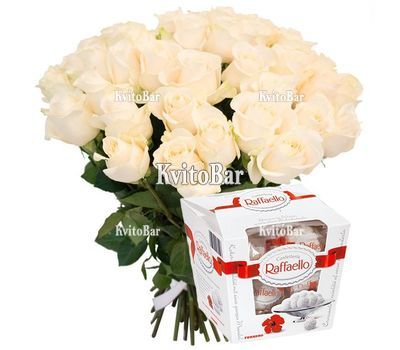 Букет 27 білих троянд і Рафаелло