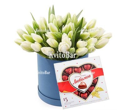 45 white tulips in a box