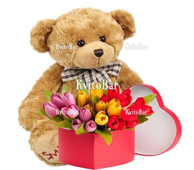 Тюльпани в коробці і ведмедик