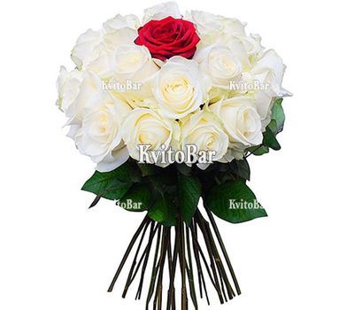 White roses and 1 red one in the middle