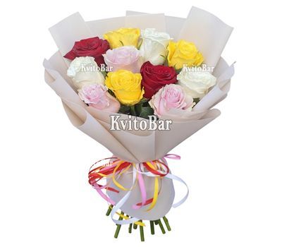 11 multi-colored roses in bouquet