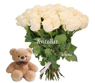 25 білих троянд з ведмедиком