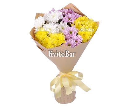 Букет з 5 різнокольорових хризантем