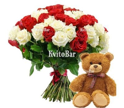 51 червона і біла троянда і ведмедик