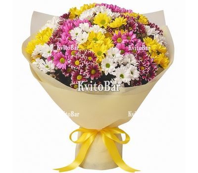 Яскравий букет із 27 різнокольорових хризантем