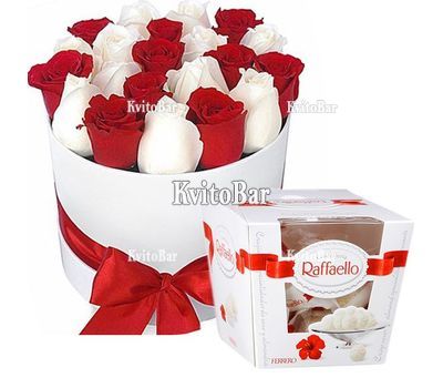 Червоні та білі голландські троянди в коробці