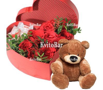 Троянди з Raffaello в коробці з ведмедиком